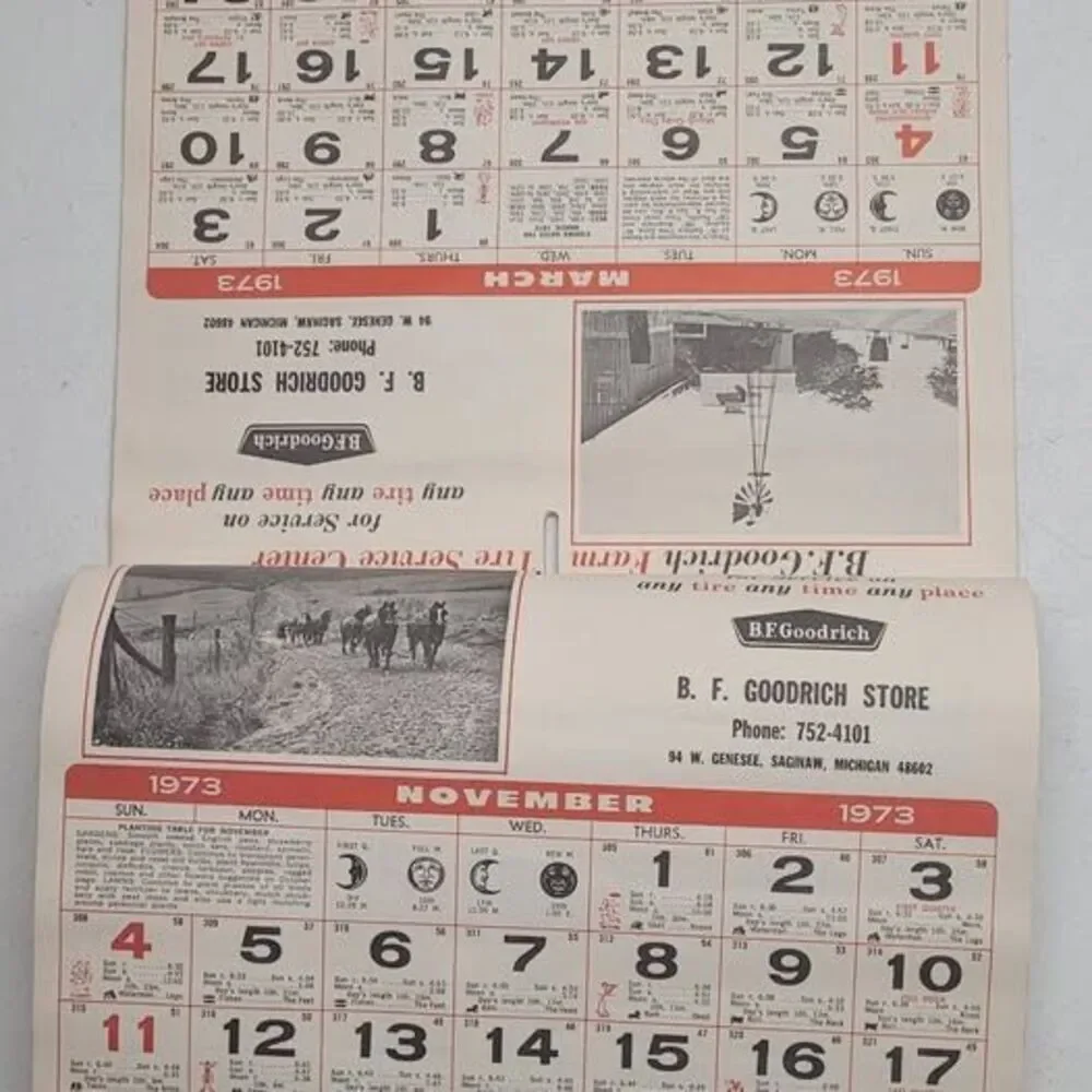 Vintage 1973 B.F. Goodrich Farm Tire Service Center Almanac Calendar